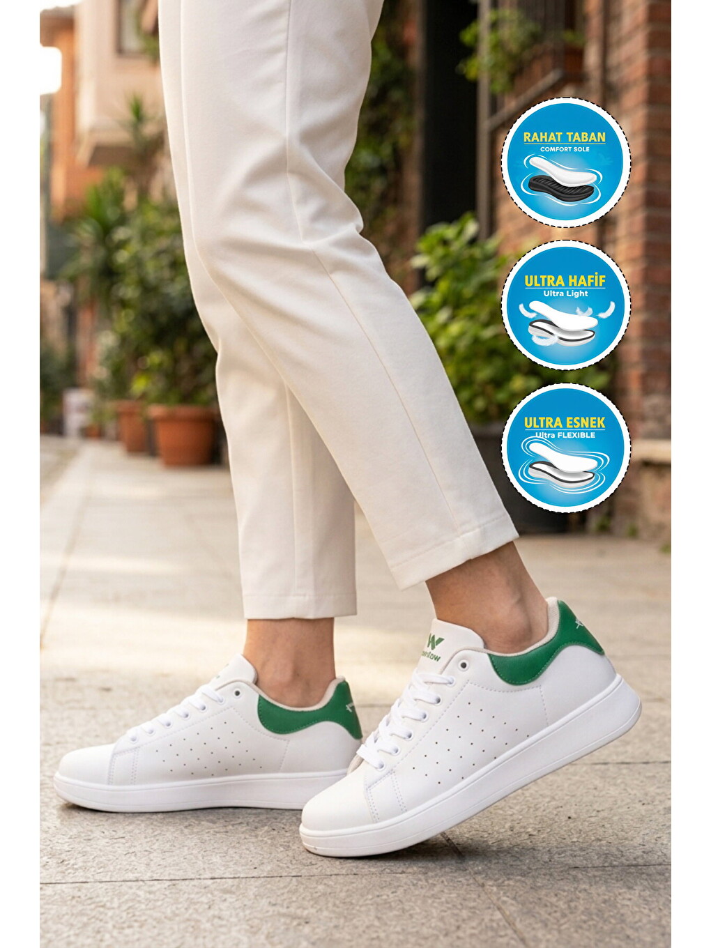 Beyaz Yeşil Bağcıklı Hafif Unisex Cilt Spor Ayakkabı Costa G-2