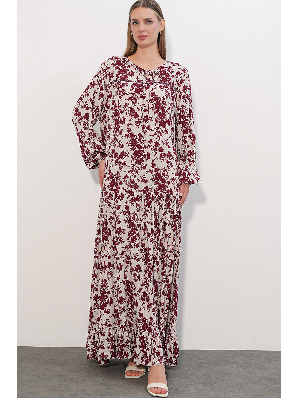 Kadın Desenli Uzun Elbise 2596 - Bordo-3