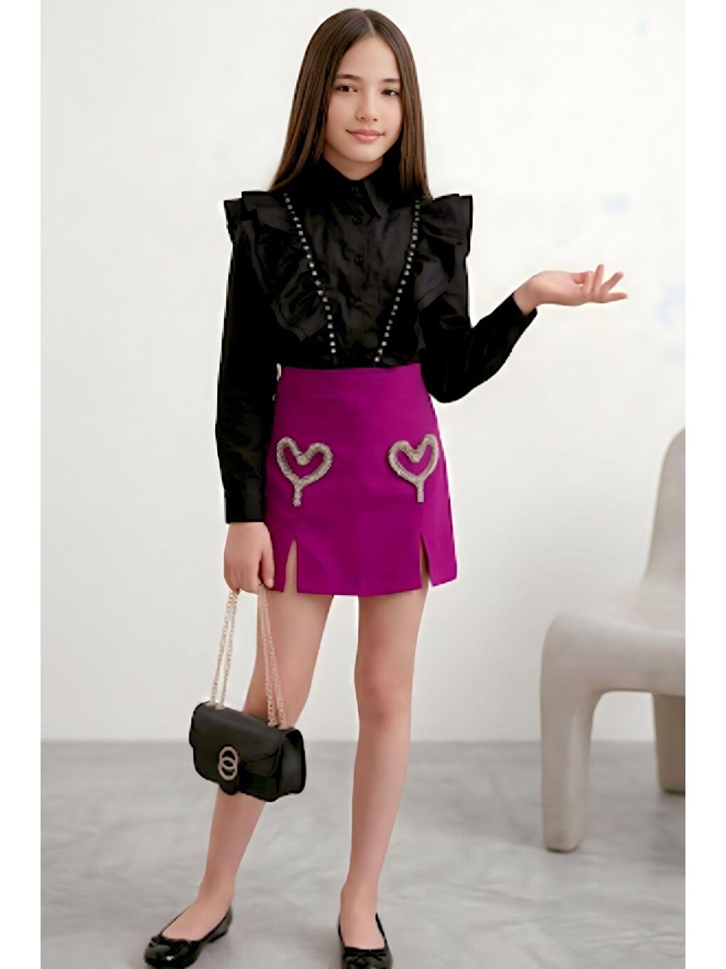 Kız Çocuk Kristal Taşlı Kalp Figürlü Mor Etekli Takım