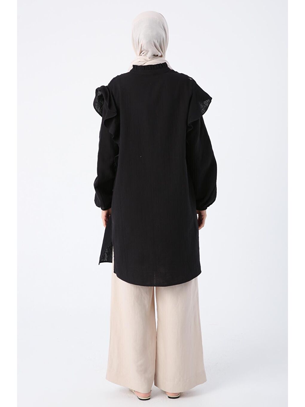Siyah %100 Pamuk Omzu Volanlı Nervürlü Gömlek Tunik-3
