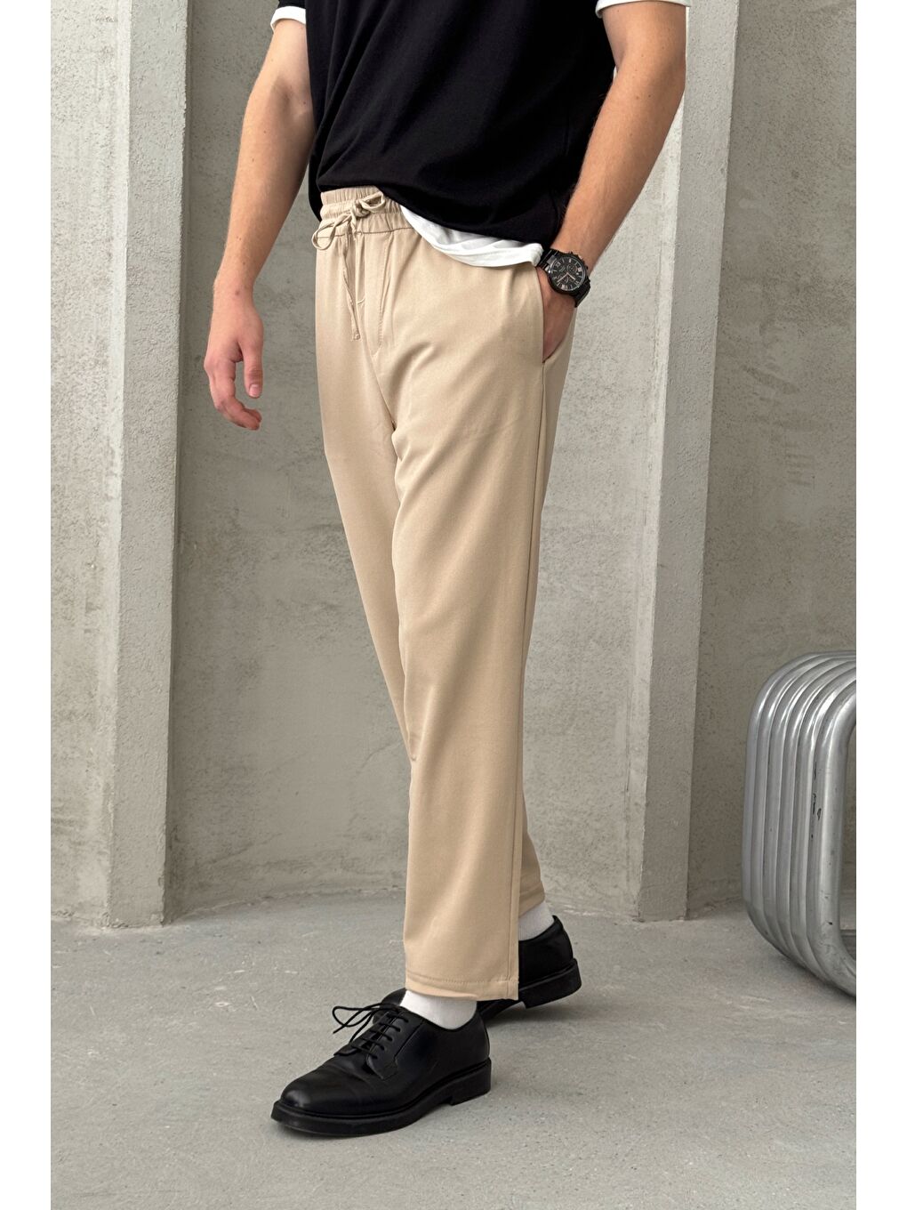 Bej Erkek Beli Lastikli Rahat Kalıp Kumaş Pantolon-2