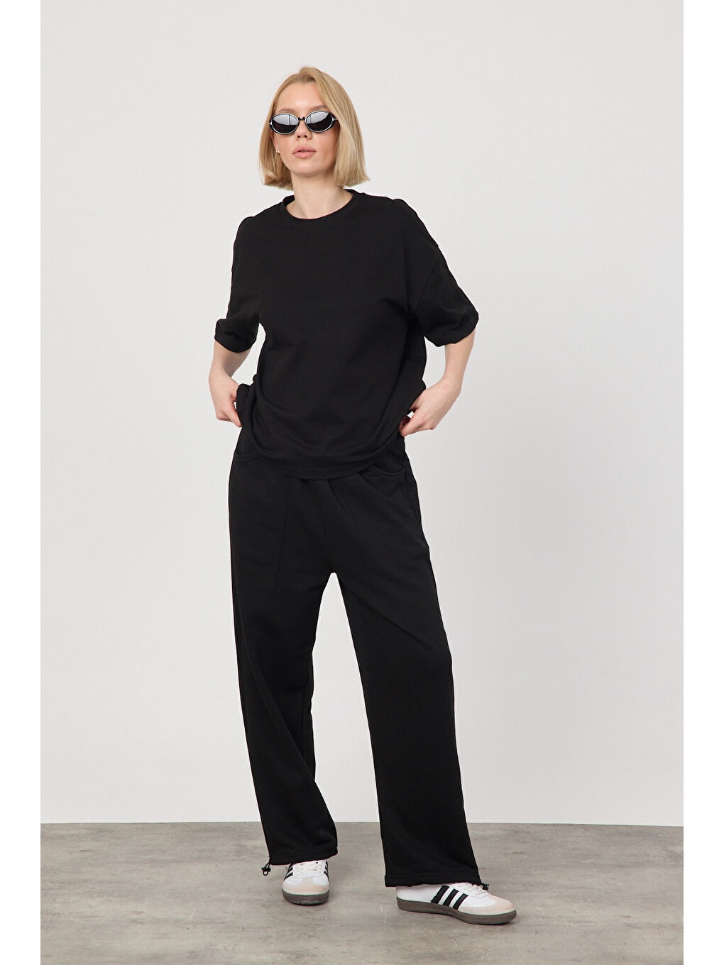 Kadın Blank Siyah Ayarlanabilir Paça Eşofman Alt-3