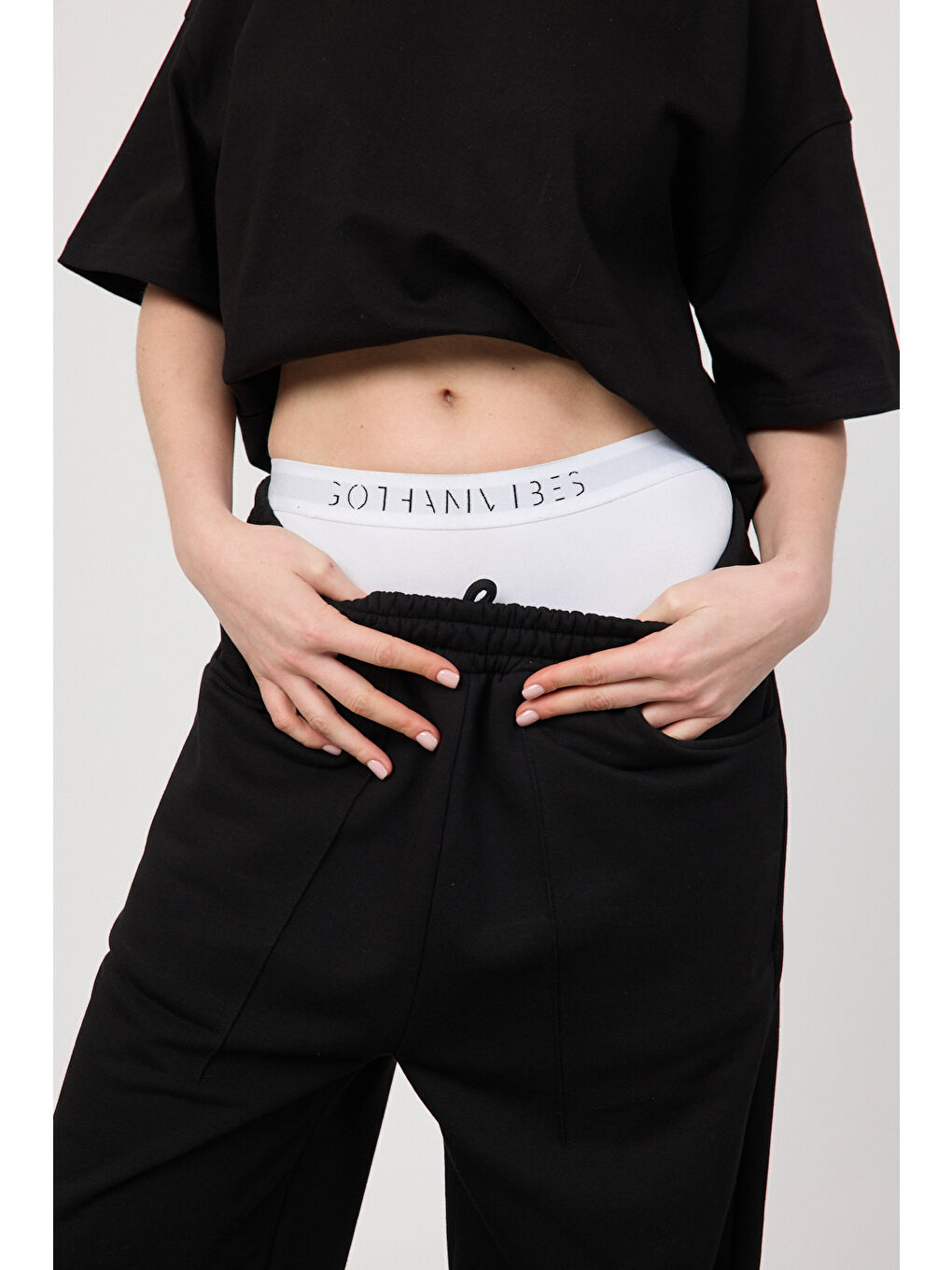 Kadın Blank Siyah Ayarlanabilir Paça Eşofman Alt-4