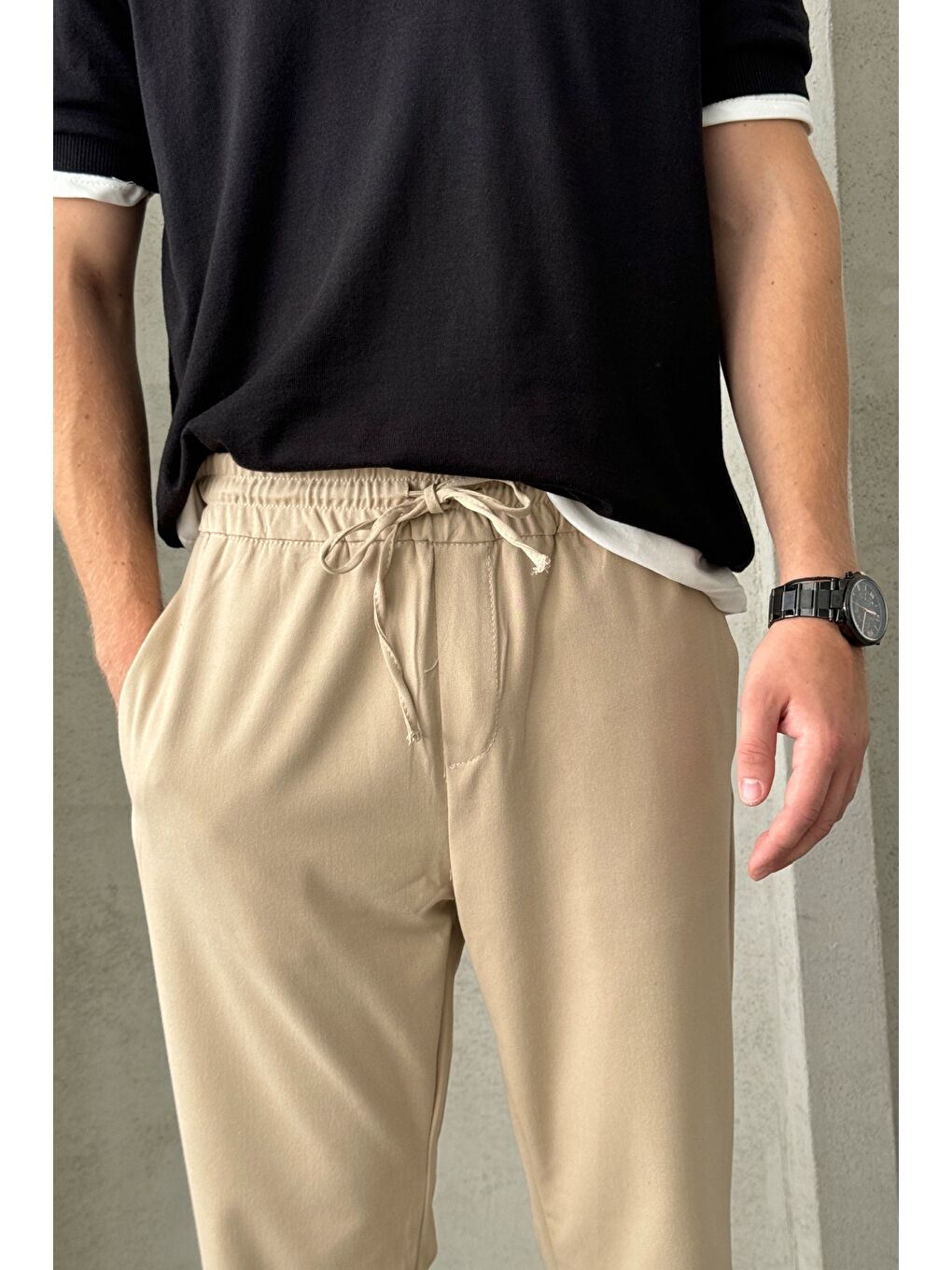 Bej Erkek Beli Lastikli Rahat Kalıp Kumaş Pantolon-3