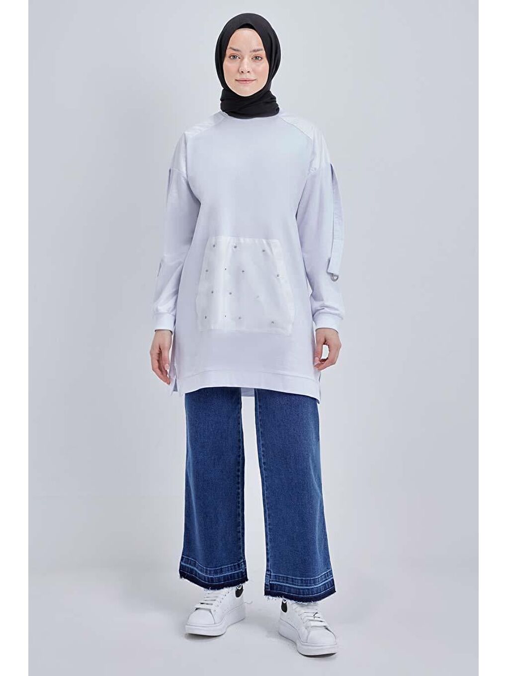 Beyaz-Pamuklu Garnili Taş Detaylı Sweat Tunik-1