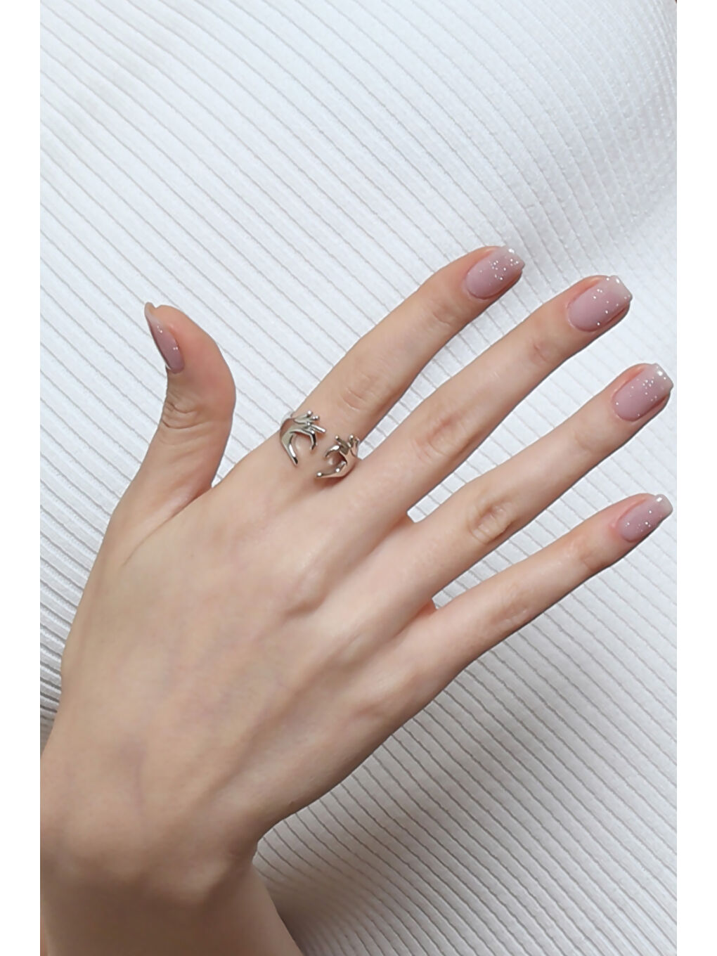 Gri Kadın Lak Kaplama Çift El Kalp - Aşk Yüzük-2