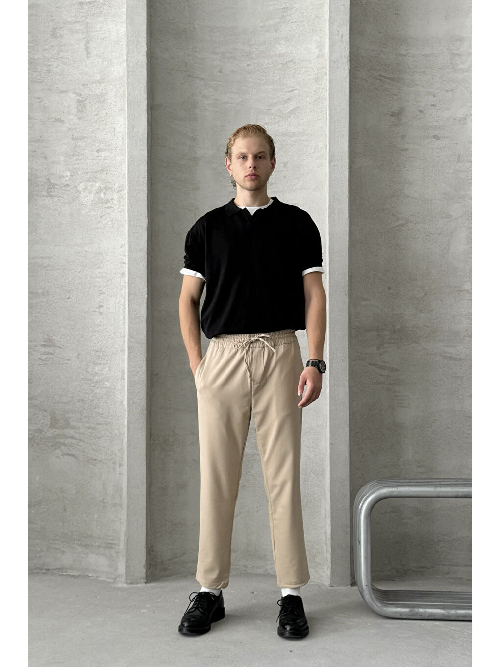 Bej Erkek Beli Lastikli Rahat Kalıp Kumaş Pantolon-5