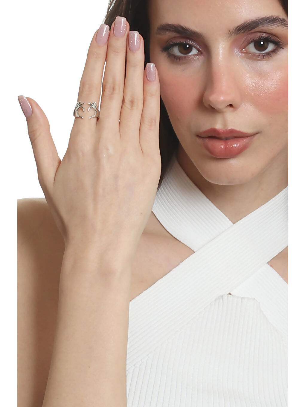 Gri Kadın Lak Kaplama Çift El Kalp - Aşk Yüzük-3