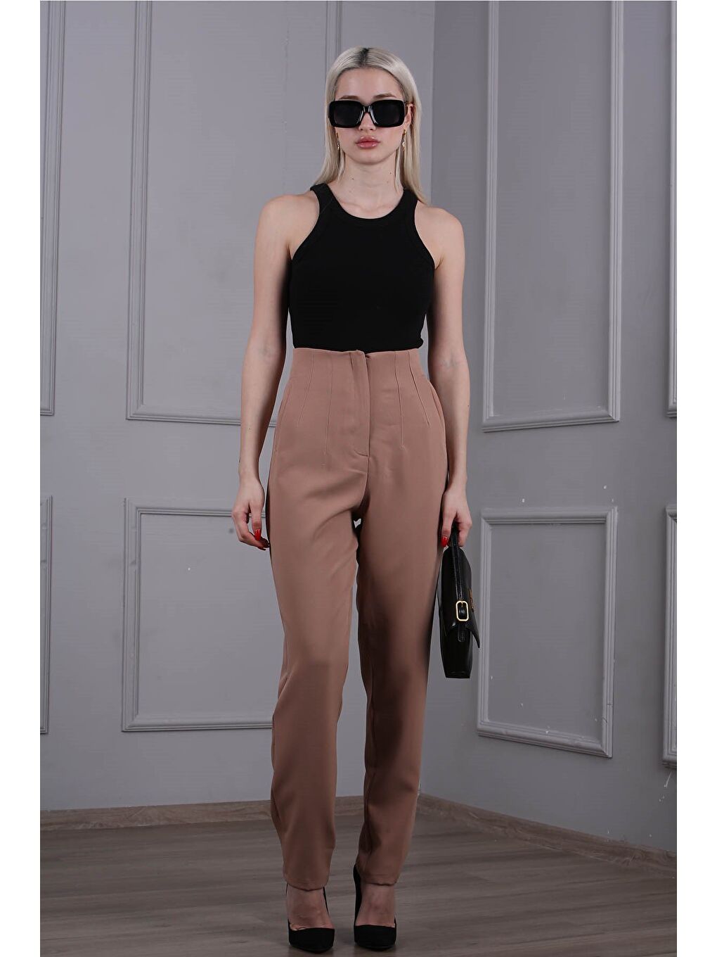 Bej Yüksel Bel Boru Paça Kadın Pantolon Mg1667-5