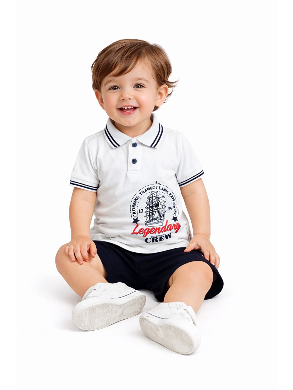 Beyaz Erkek Bebek Polo Yaka Baskılı Tshirt Şort Yazlık Takım-1