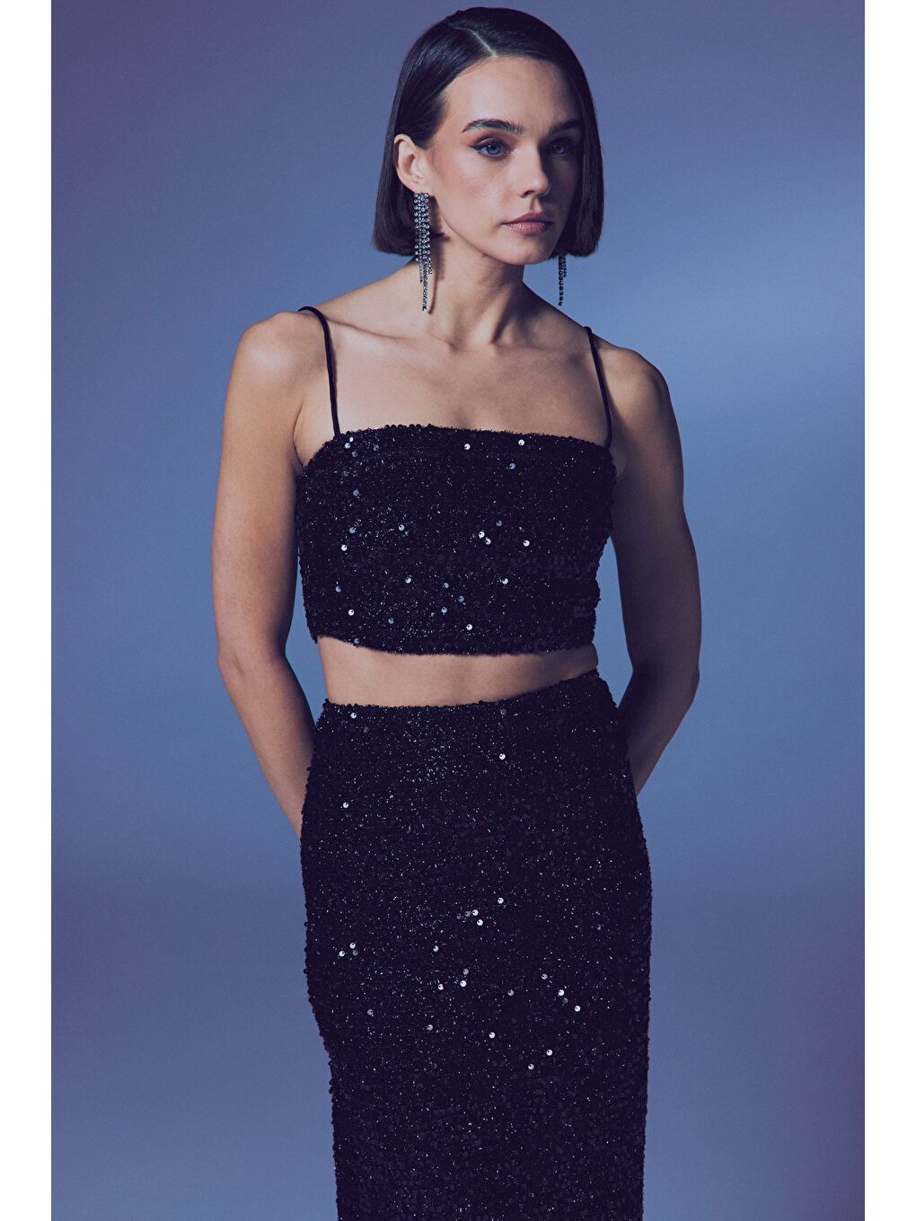 SATEEN İp Askılı Payet Crop - Siyah - 1