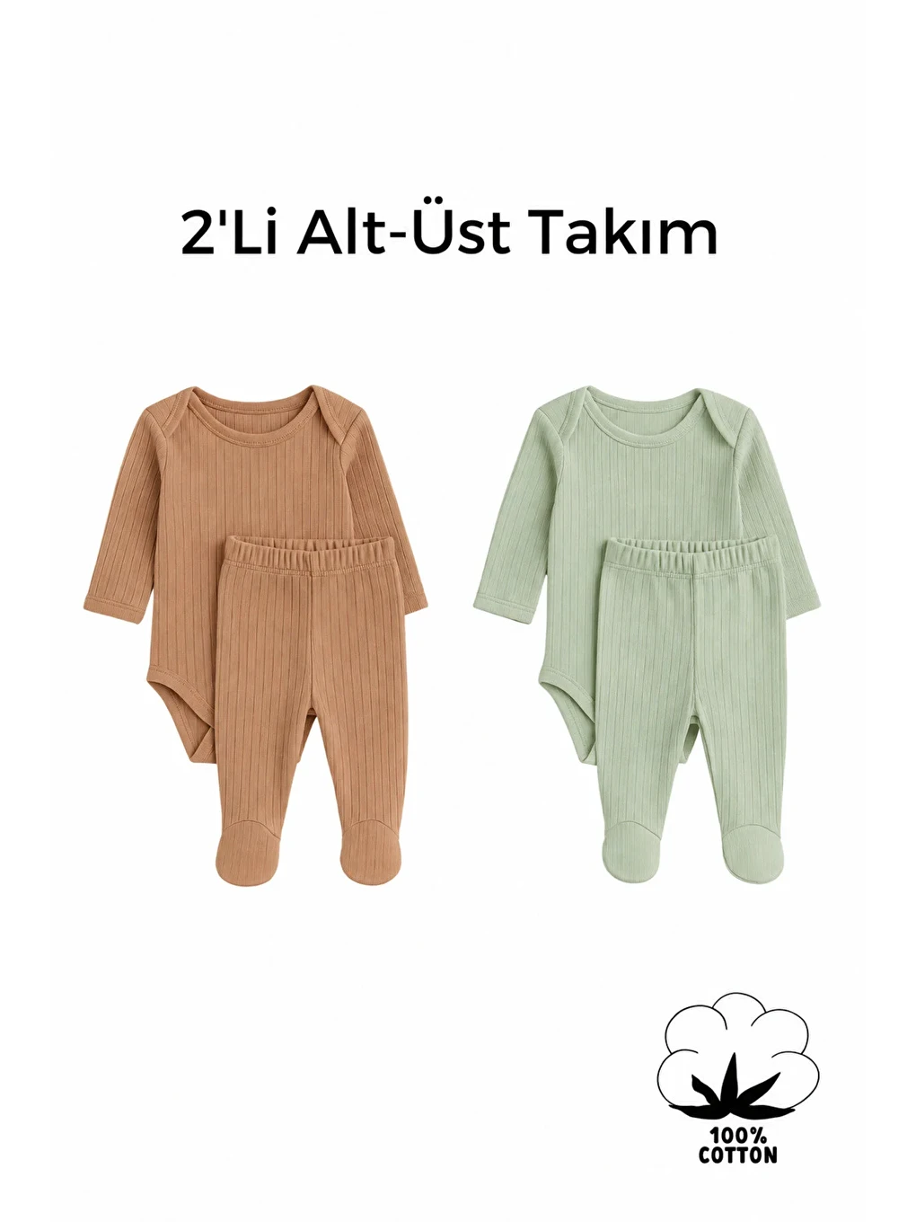 Kahverengi Kız Bebek Organik Pamuklu 4 Parça 2’li Zıbın Body Ve Patikli Alt Takım Seti (0-9 Ay)-1