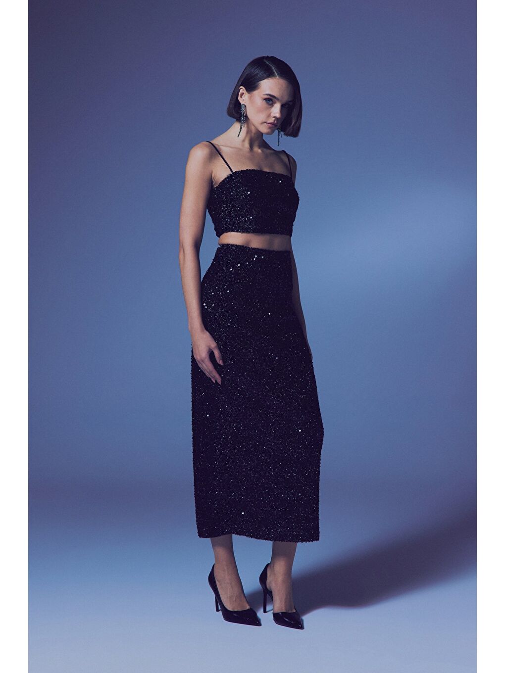 SATEEN İp Askılı Payet Crop - Siyah - 4