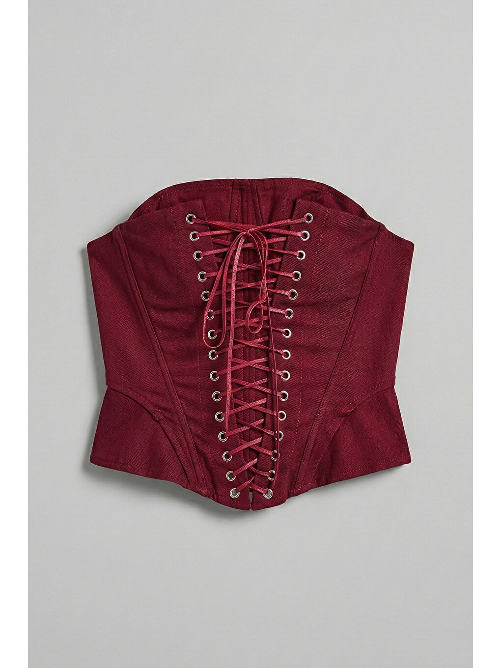 Kadın Bordo w5 Crop Kuş Gözü ve Bağcık Detaylı Straptez Özel Tasarım Büstiyer-1