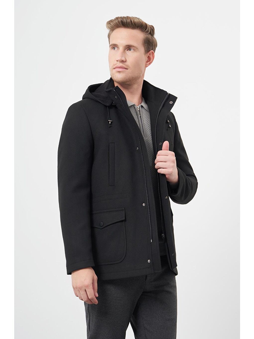 Siyah Kaşe Dik Yaka Astarlı Slim Fit Dar Kesim Klasik Kaban 1008245272