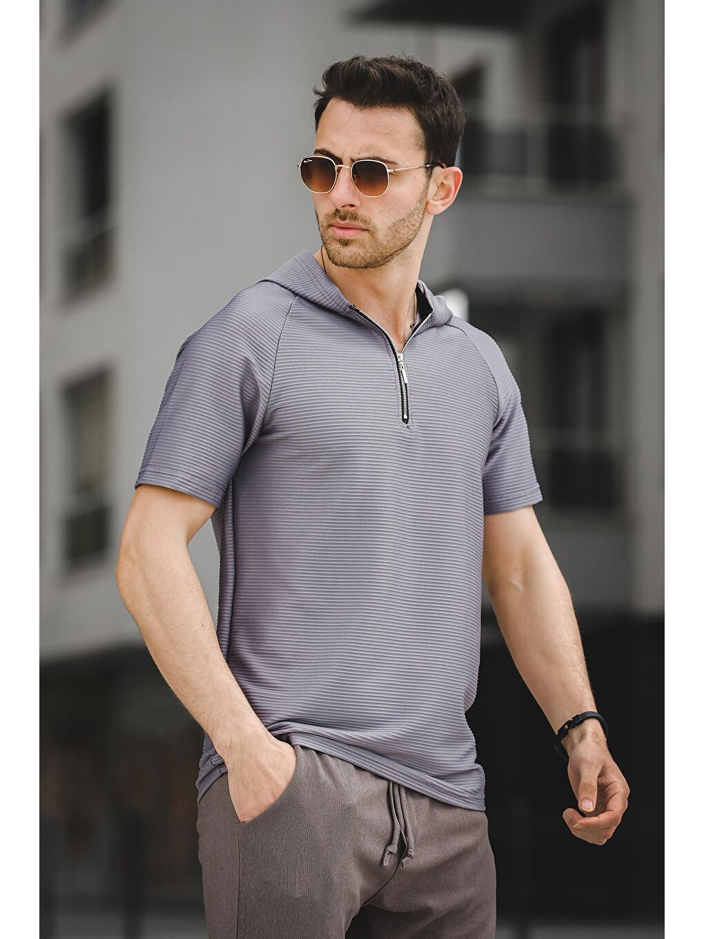 Antrasit Allard Ottoman Kumaş Slim Fit Fermuarlı Kapüşonlu Erkek Tişört