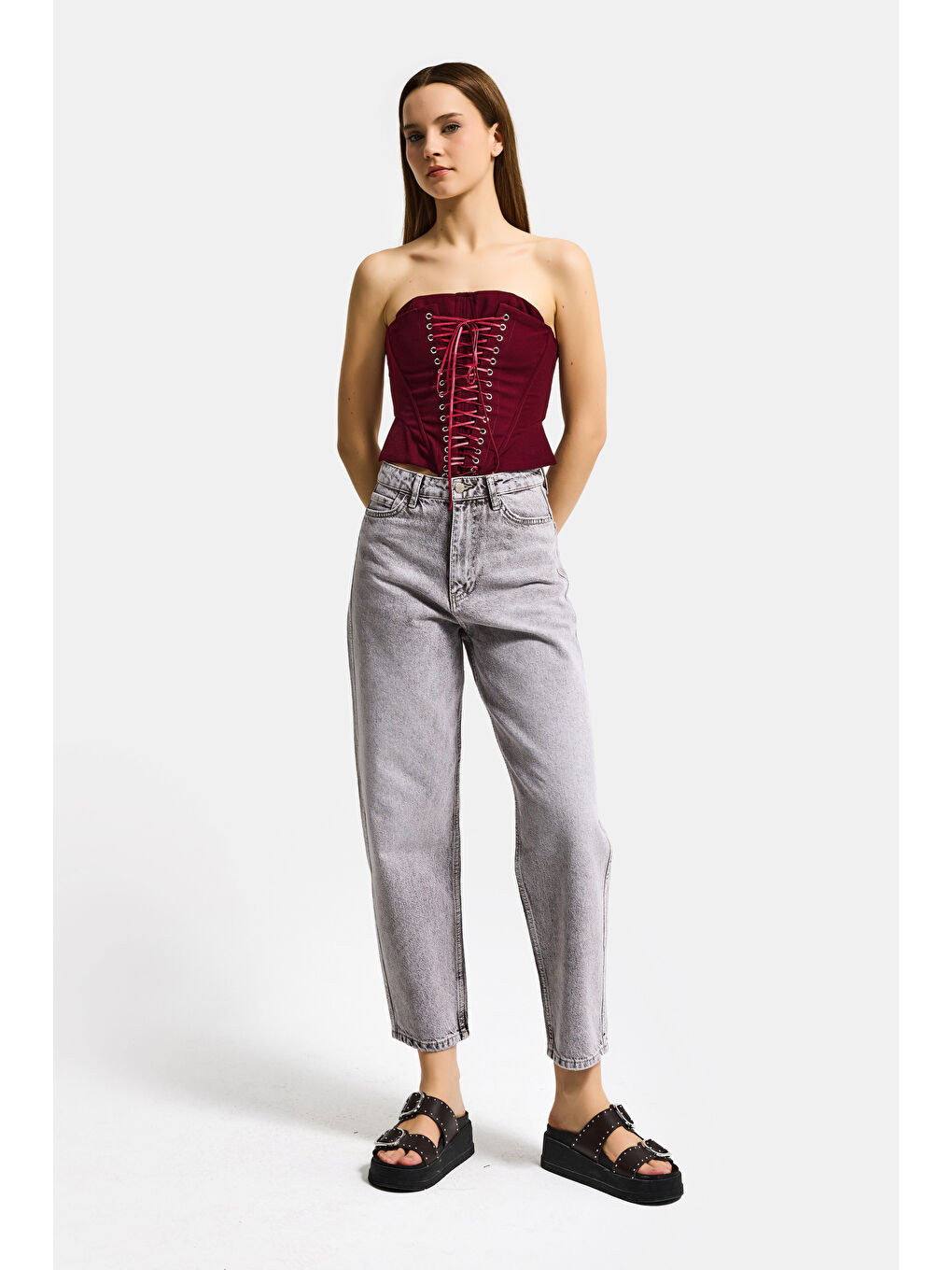 Kadın Bordo w5 Crop Kuş Gözü ve Bağcık Detaylı Straptez Özel Tasarım Büstiyer-2