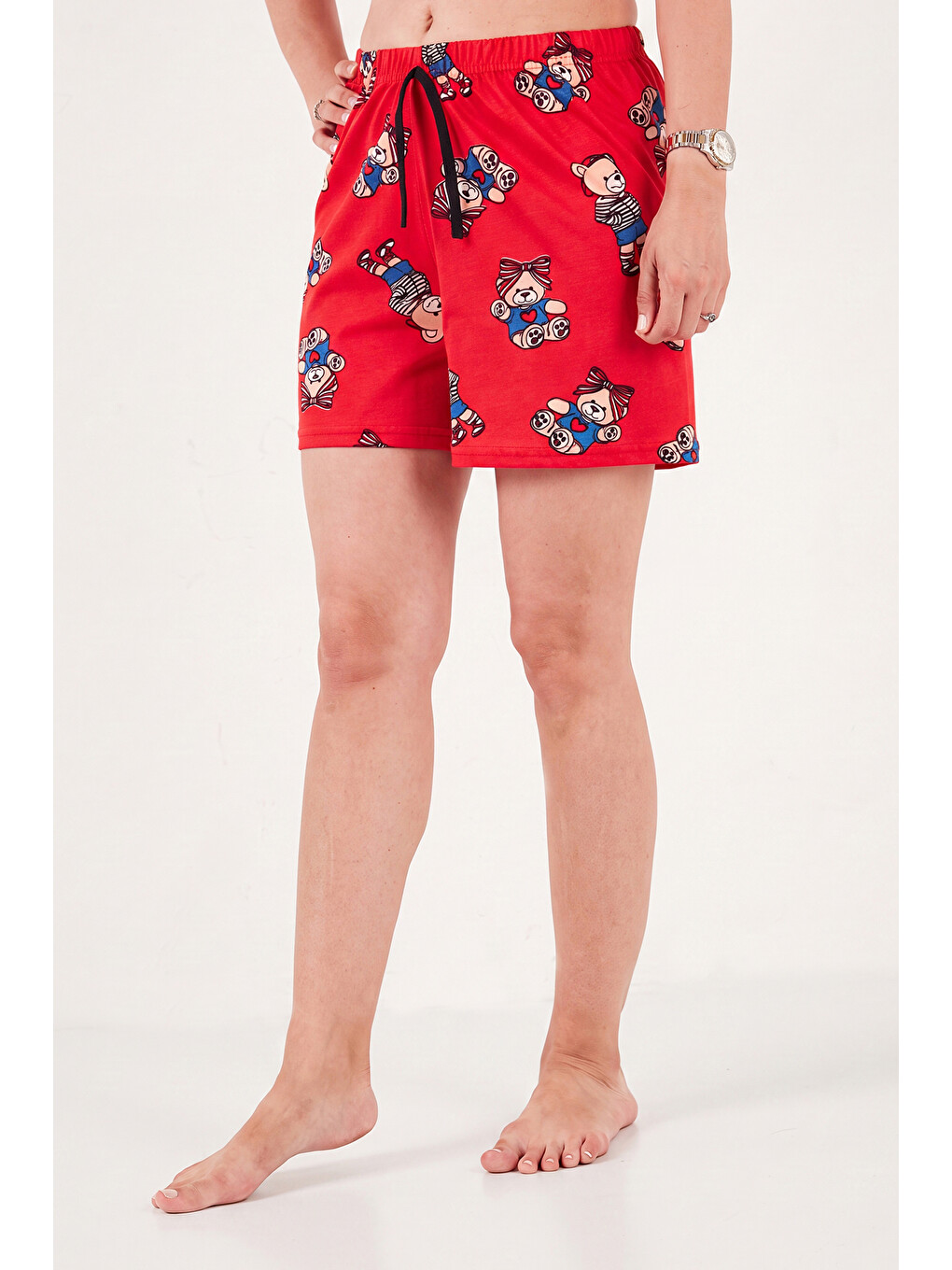 Kırmızı Baskılı Pamuklu Bisiklet Yaka Şortlu Pijama Takımı 65790786-4