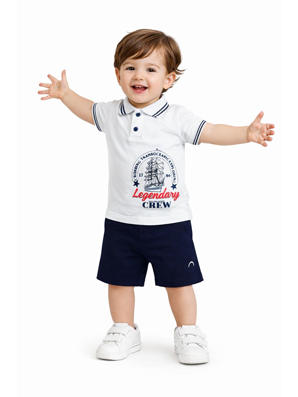 Beyaz Erkek Bebek Polo Yaka Baskılı Tshirt Şort Yazlık Takım-3