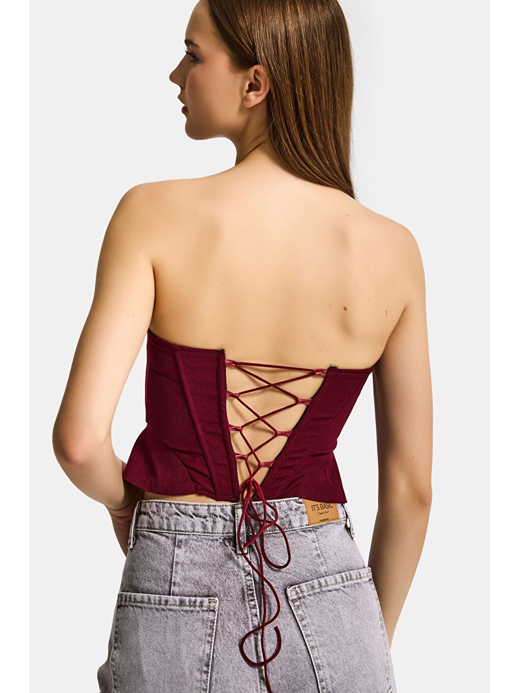 Kadın Bordo w5 Crop Kuş Gözü ve Bağcık Detaylı Straptez Özel Tasarım Büstiyer-3