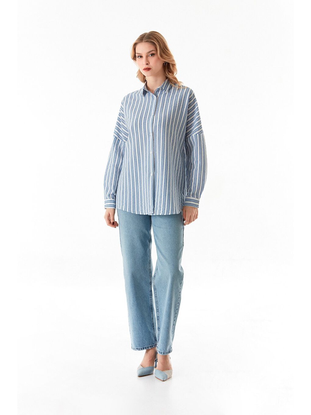 Mavi Çizgili Düğmeli Gömlek-4