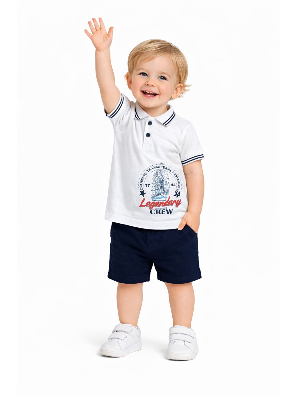 Beyaz Erkek Bebek Polo Yaka Baskılı Tshirt Şort Yazlık Takım-4