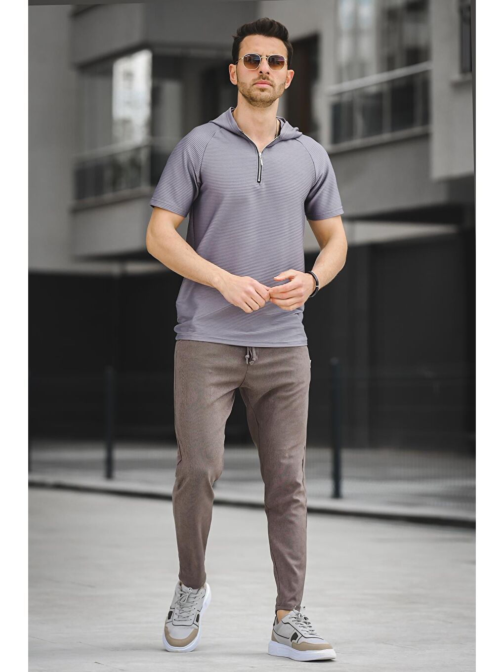 Antrasit Allard Ottoman Kumaş Slim Fit Fermuarlı Kapüşonlu Erkek Tişört-1