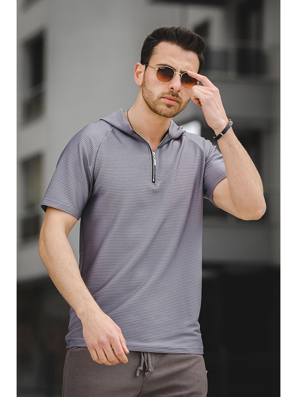 Antrasit Allard Ottoman Kumaş Slim Fit Fermuarlı Kapüşonlu Erkek Tişört-2