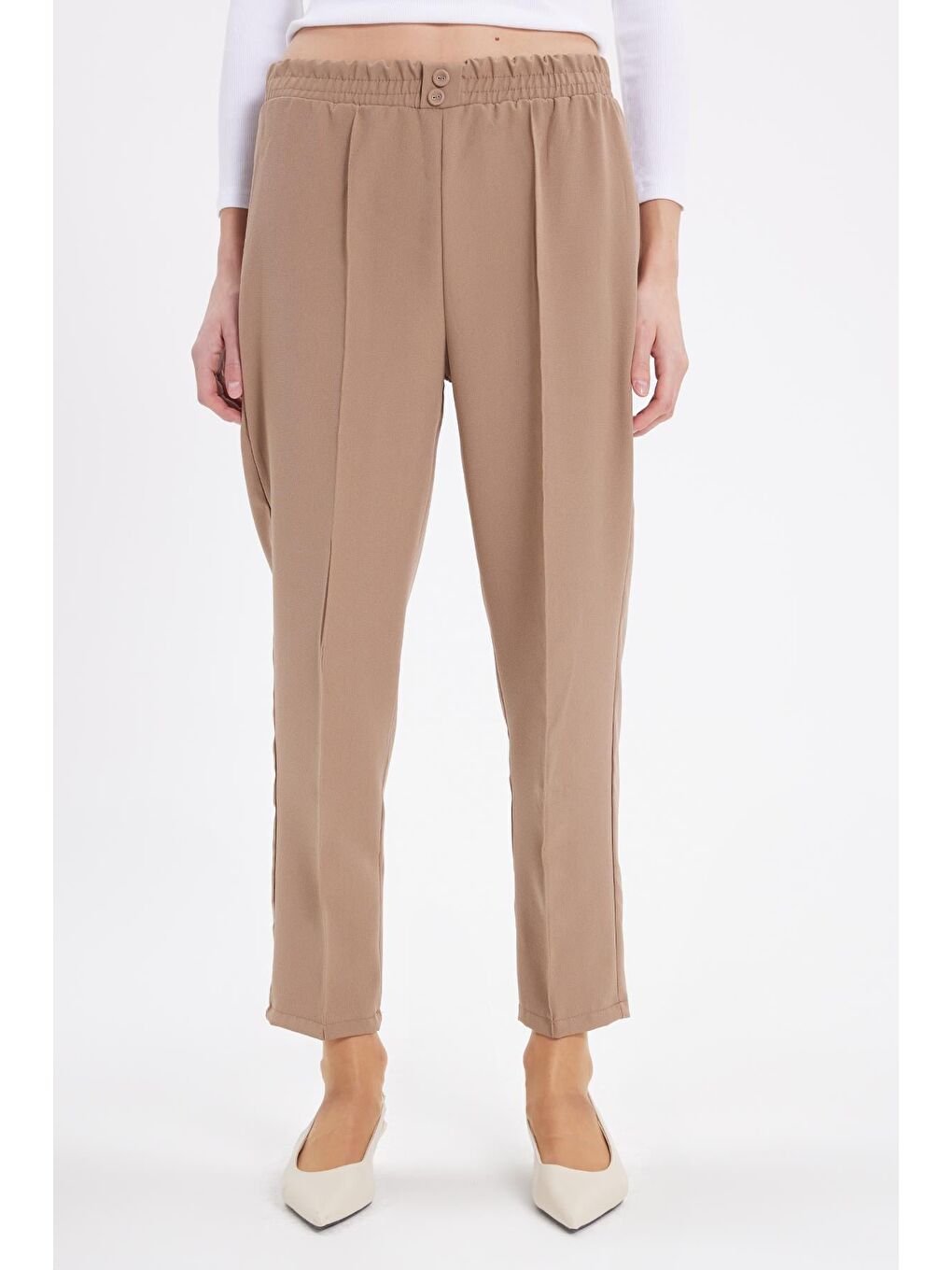 Bej Kadın Relax Fit Rahat Kesim Yüksel Bel Düz Paça Beli Lastikli Vizon Pantolon