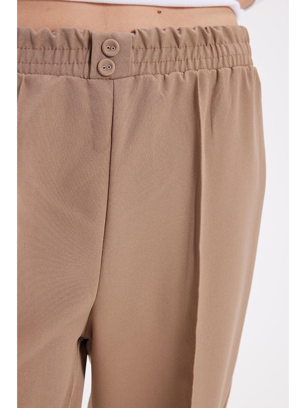 Bej Kadın Relax Fit Rahat Kesim Yüksel Bel Düz Paça Beli Lastikli Vizon Pantolon-2
