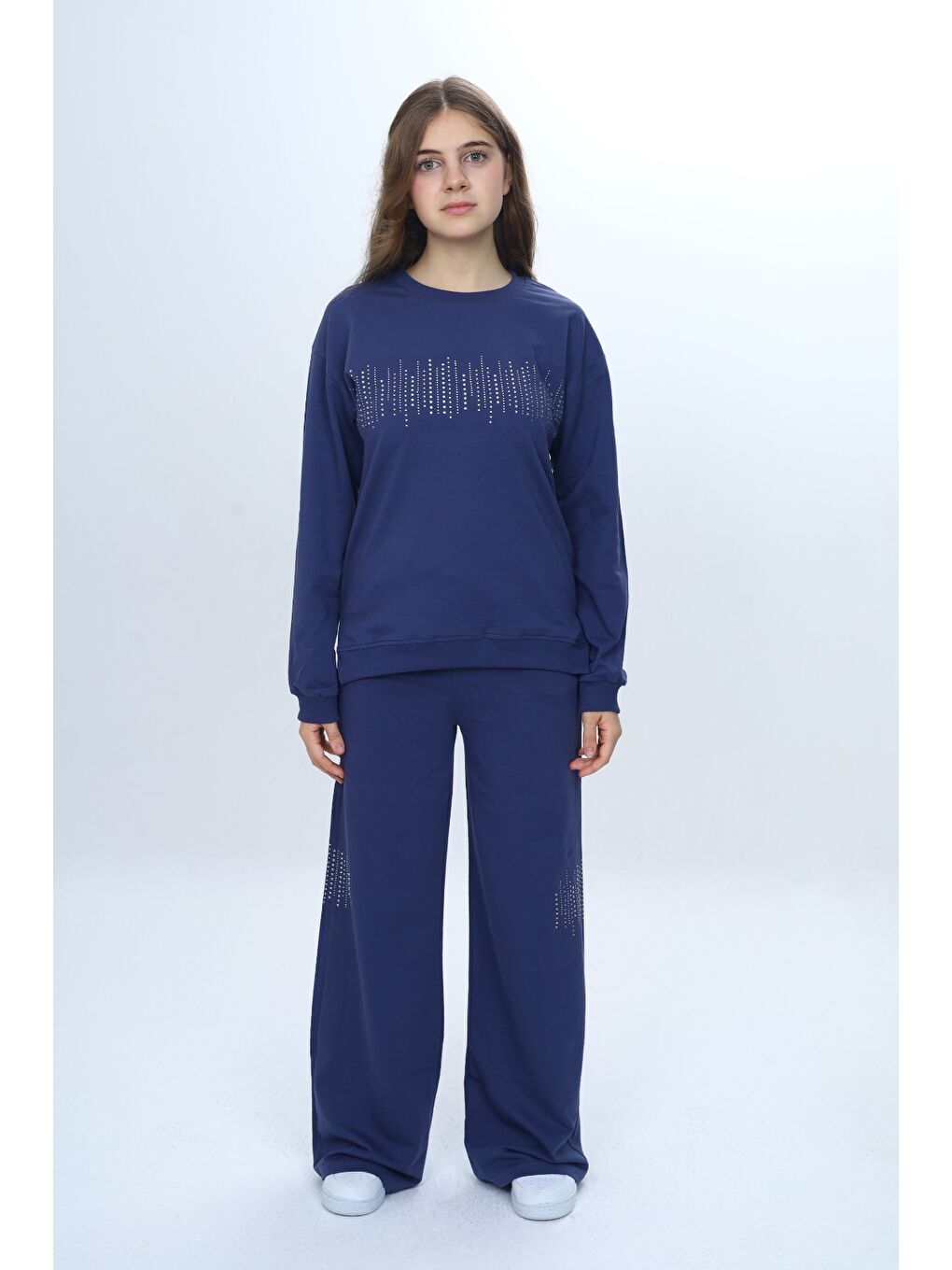 İndigo Kız Çocuk 2'li Takım Taş İşlemeli & Bisiklet Yaka Sweatshirt & Bol Paça Cepli Eşofman Altı-3