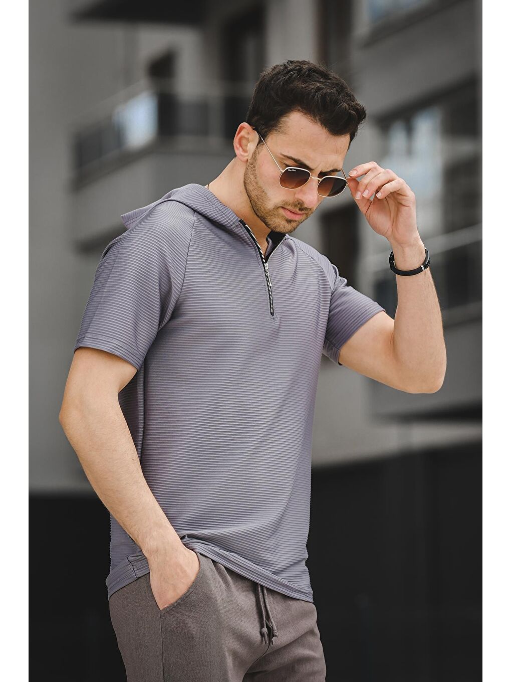 Antrasit Allard Ottoman Kumaş Slim Fit Fermuarlı Kapüşonlu Erkek Tişört-3