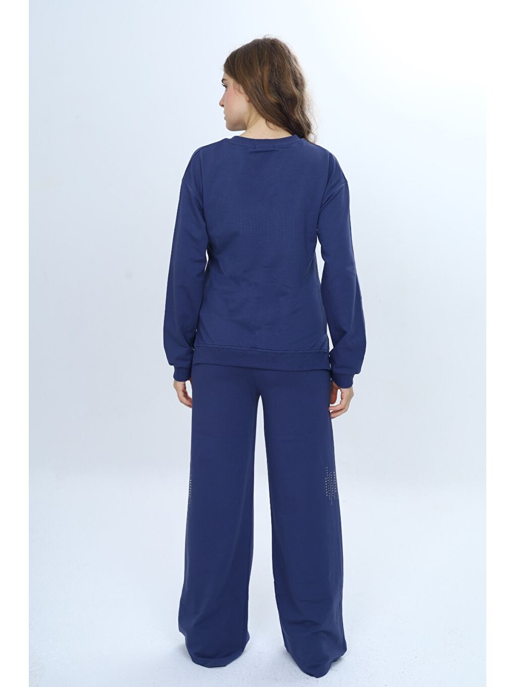 İndigo Kız Çocuk 2'li Takım Taş İşlemeli & Bisiklet Yaka Sweatshirt & Bol Paça Cepli Eşofman Altı-5