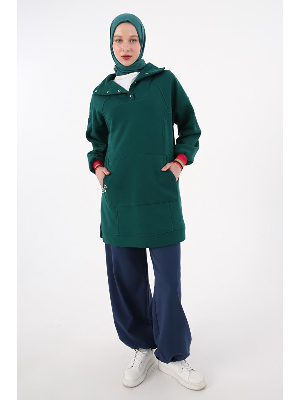 Yeşil Zümrüt-çıtçıt Yakalı Ribana Detaylı Şardonlu Sweat