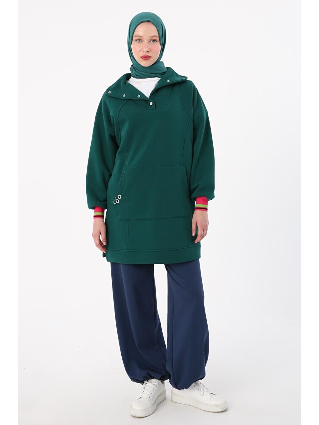 Yeşil Zümrüt-çıtçıt Yakalı Ribana Detaylı Şardonlu Sweat-1
