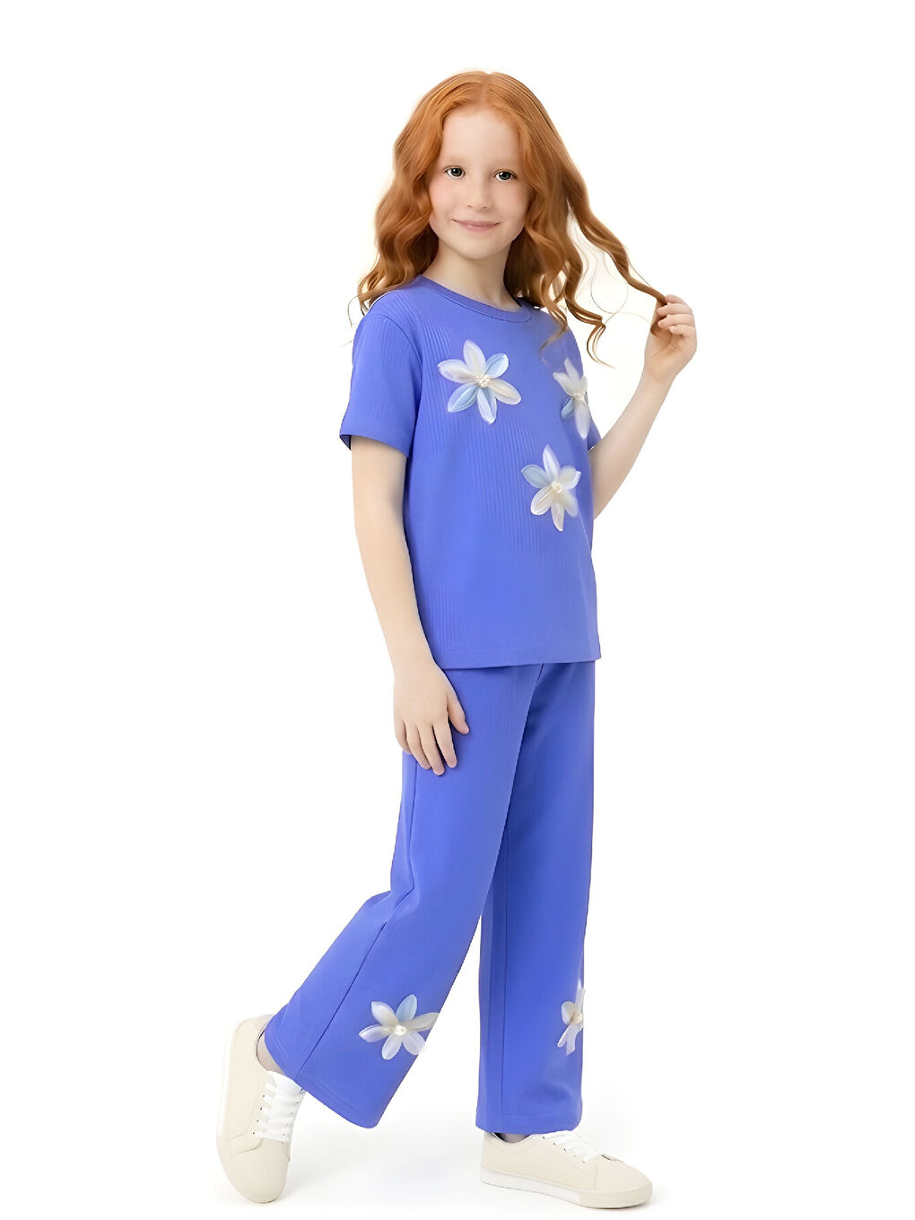 Mavi Kız Çocuk Bürümcük Kumaş Alt-Üst Takım 3-12 Yaş 12568-1