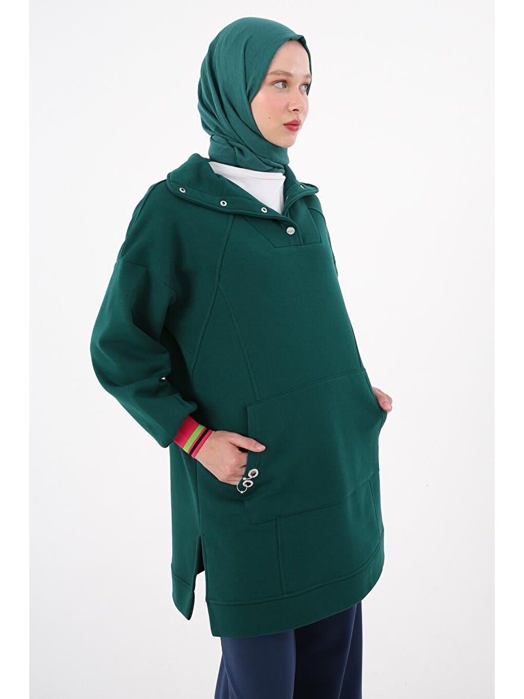 Yeşil Zümrüt-çıtçıt Yakalı Ribana Detaylı Şardonlu Sweat-4