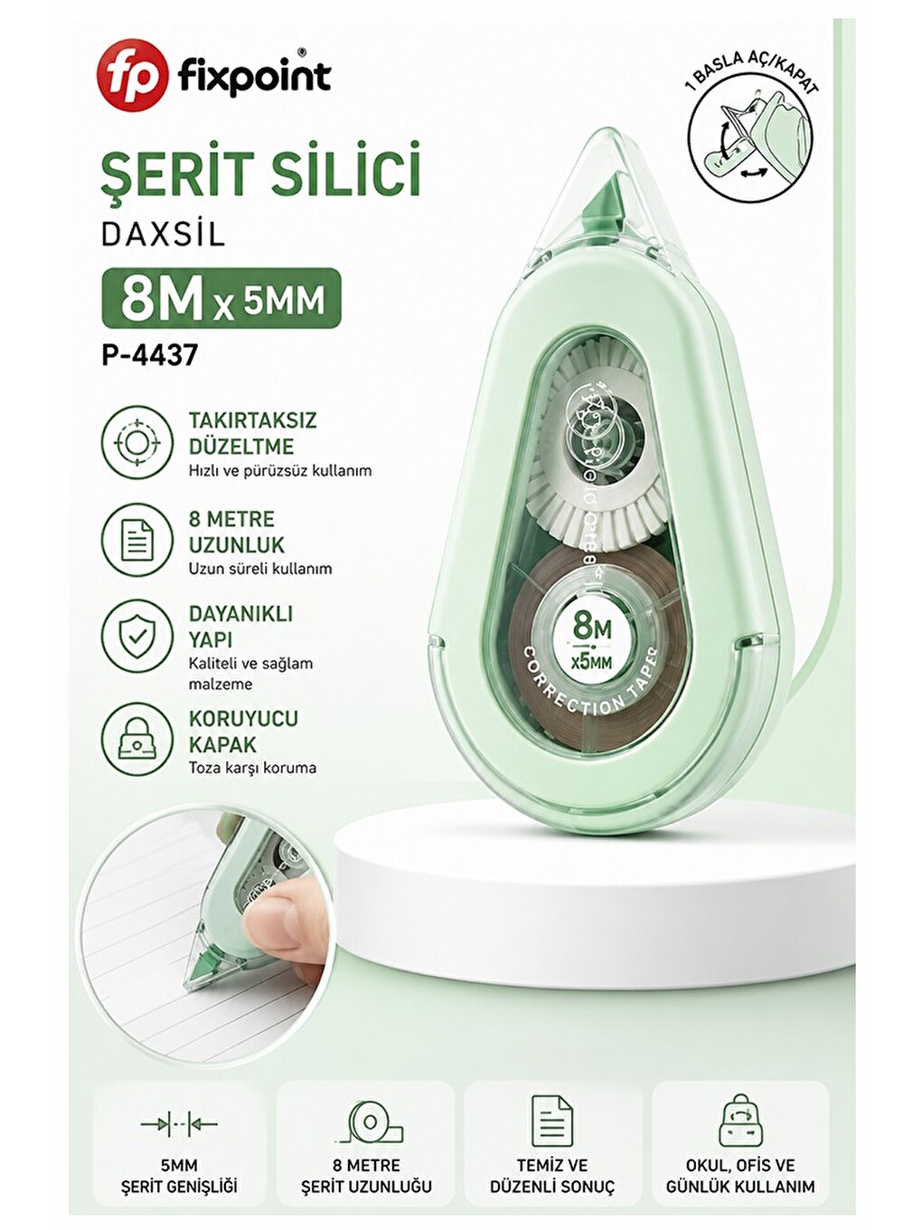Şerit Daksil Beyaz 5mmx8 Metre 1 Adet P-4437 Fixpoint Şerit Düzeltici Şerit Silici Yazı Silici Büro
