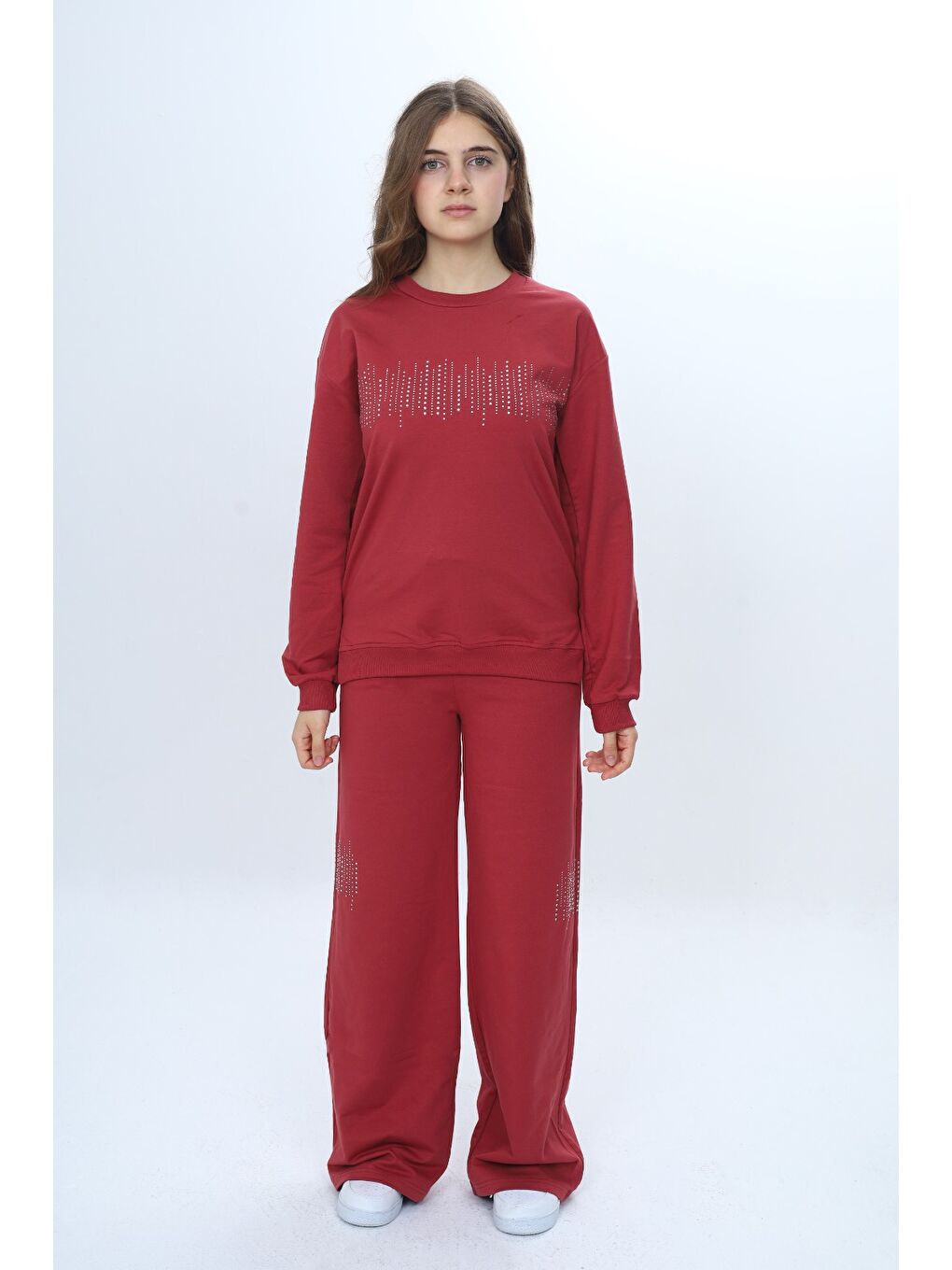 Kahverengi Kız Çocuk 2'li Takım Taş İşlemeli & Bisiklet Yaka Sweatshirt & Bol Paça Cepli Eşofman Altı