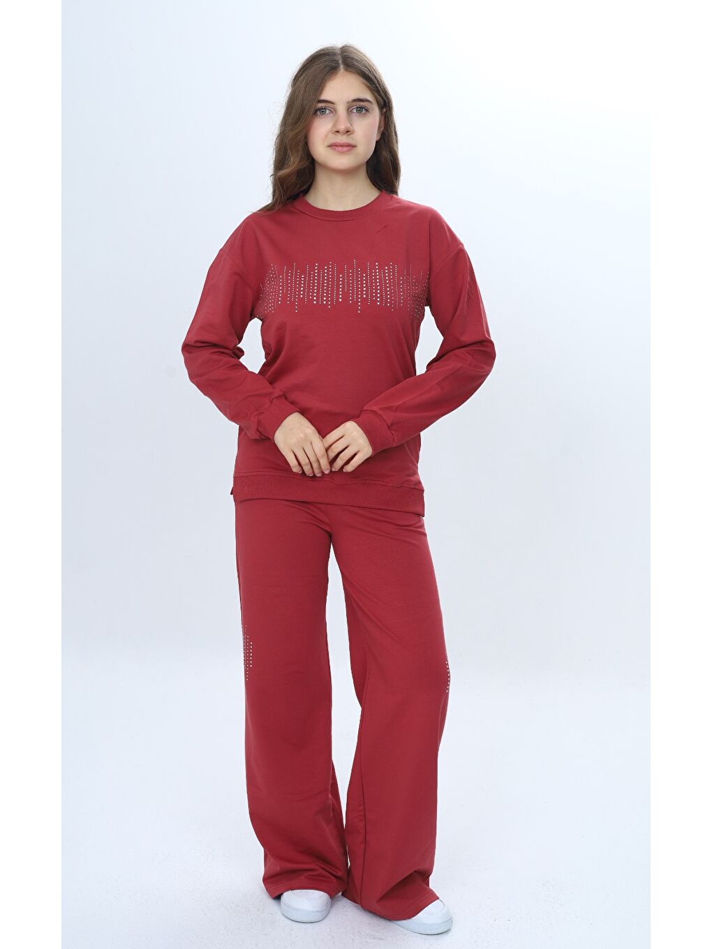 Kahverengi Kız Çocuk 2'li Takım Taş İşlemeli & Bisiklet Yaka Sweatshirt & Bol Paça Cepli Eşofman Altı-1