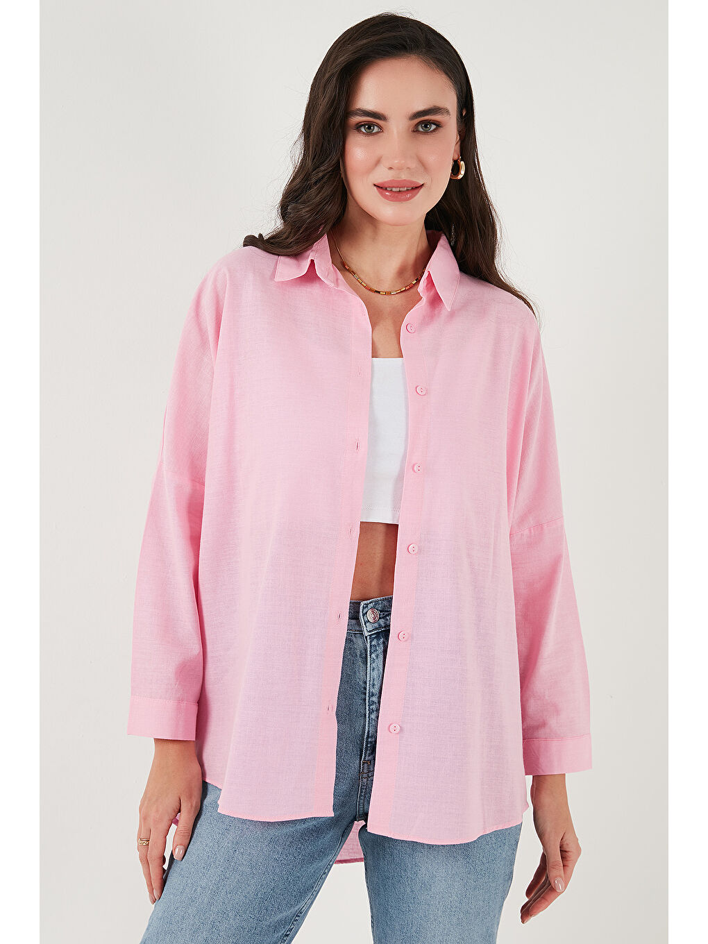 Pembe Streç Pamuklu Oversize Fit 2' li Paket Gömlek-Atlet Set 67810014979S2-1