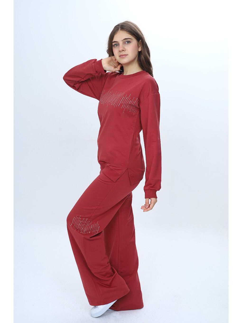 Kahverengi Kız Çocuk 2'li Takım Taş İşlemeli & Bisiklet Yaka Sweatshirt & Bol Paça Cepli Eşofman Altı-2