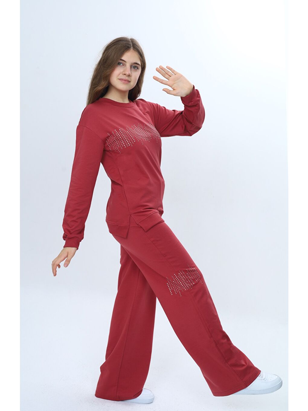 Kahverengi Kız Çocuk 2'li Takım Taş İşlemeli & Bisiklet Yaka Sweatshirt & Bol Paça Cepli Eşofman Altı-3