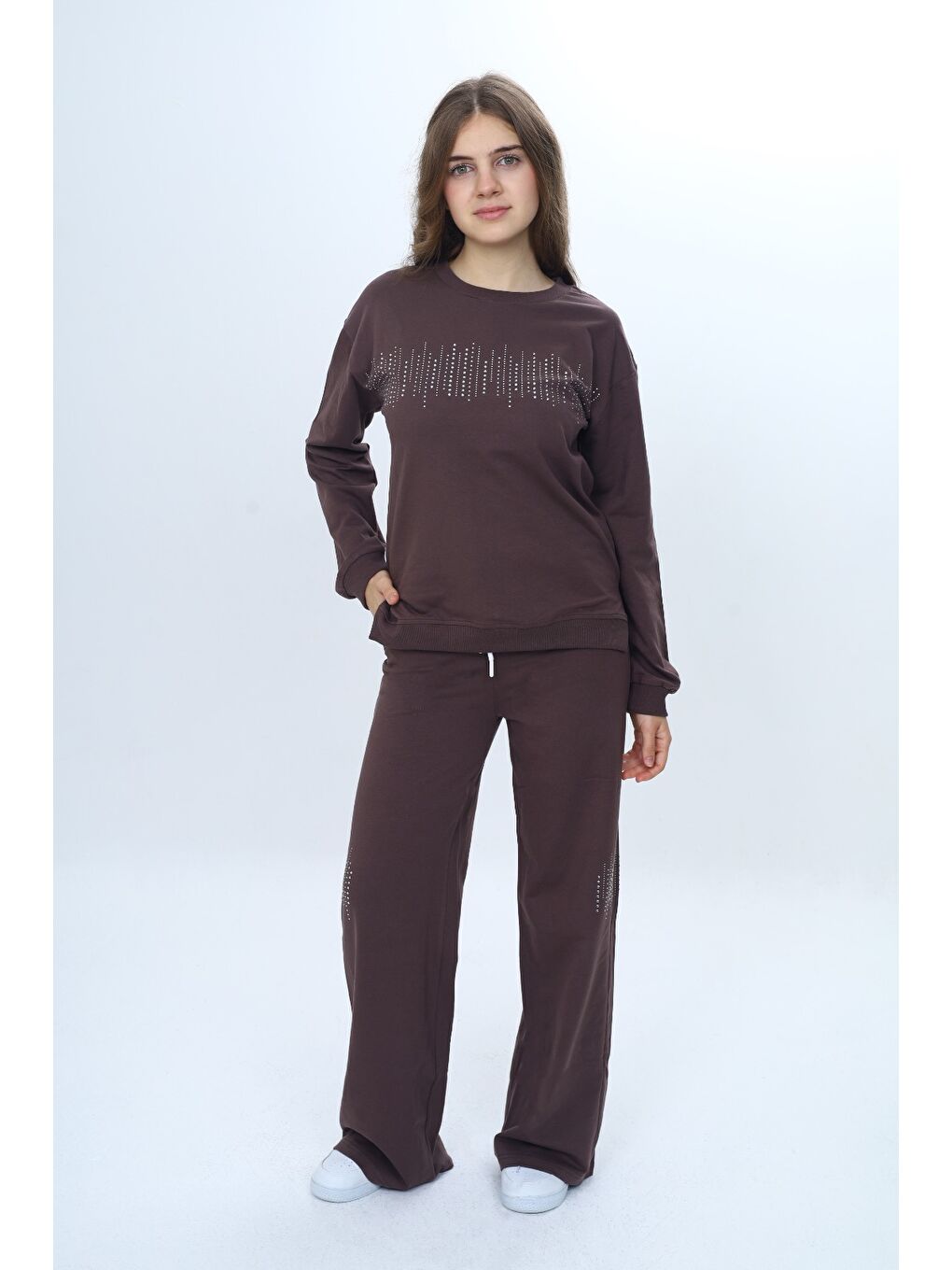 Kahverengi Kız Çocuk 2'li Takım Taş İşlemeli & Bisiklet Yaka Sweatshirt & Bol Paça Cepli Eşofman Altı-3