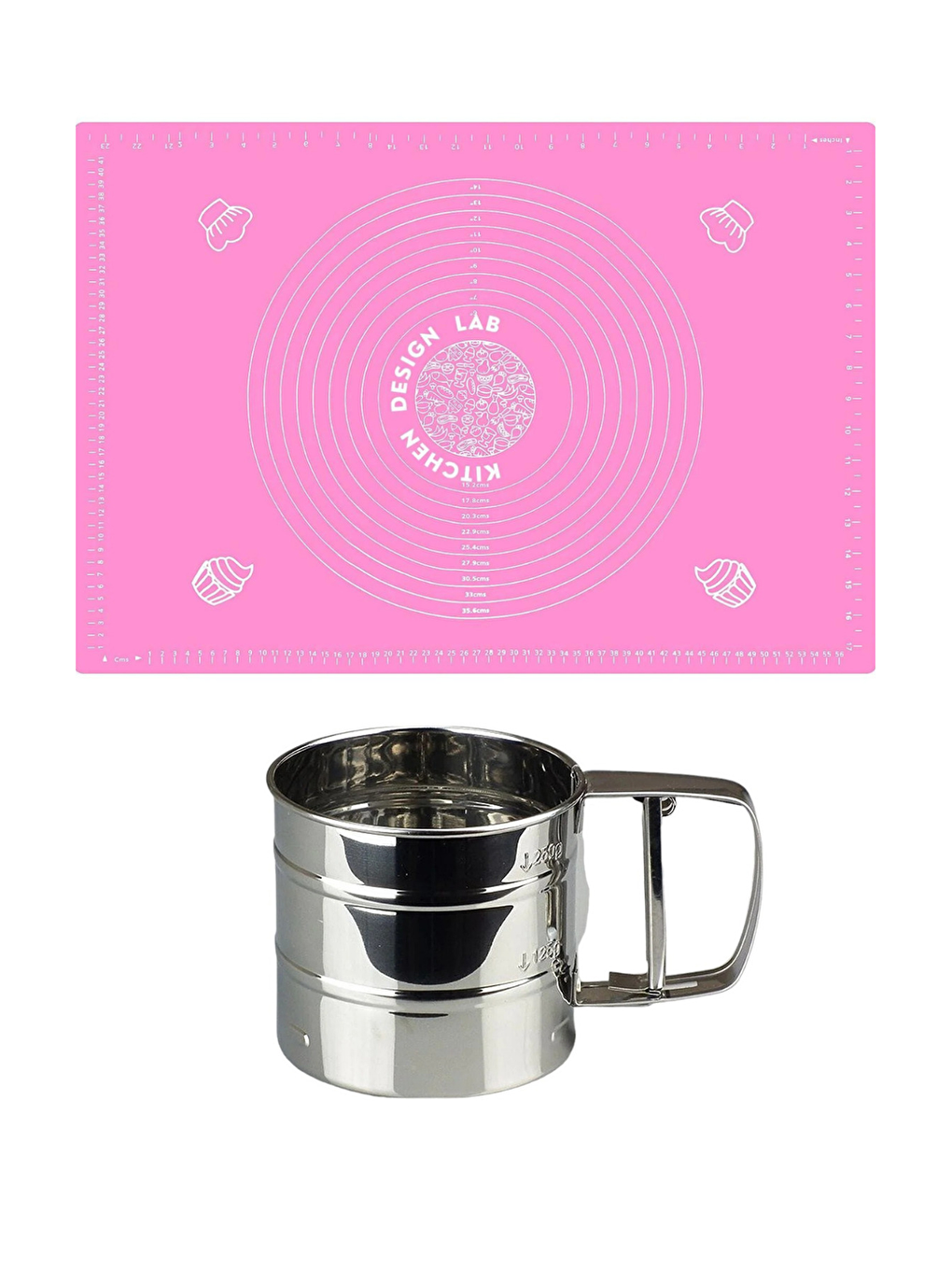 Pembe Silikon Ölçülü  Hamur Açma Matı 45x65 cm ve Çelik Un Eleği