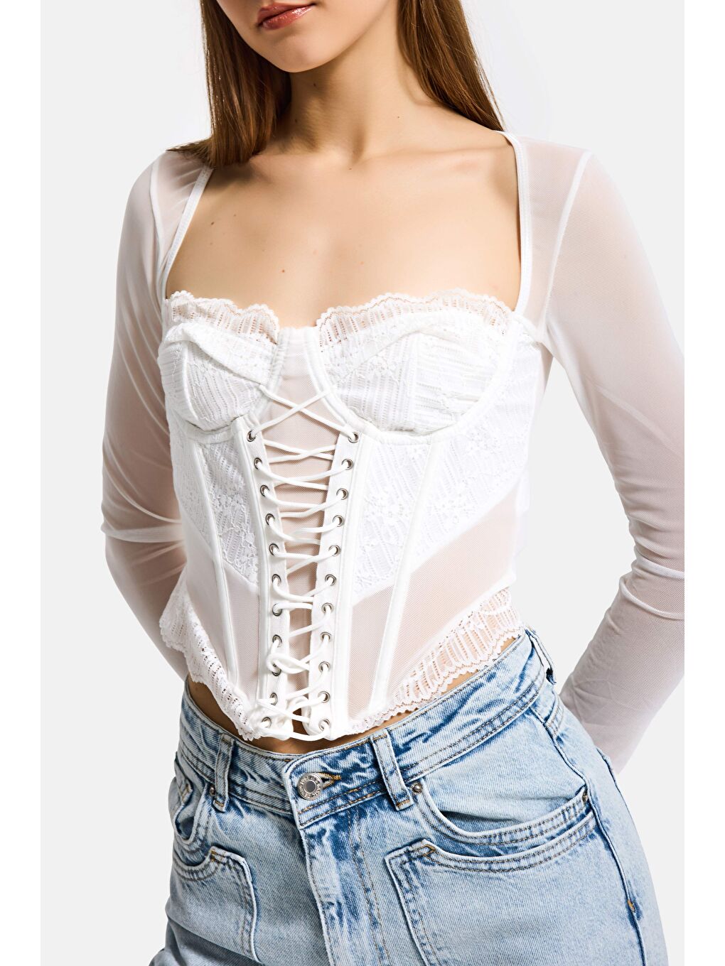 Ekru Kadın Beyaz w5 Balenli Kuş Gözü Detaylı Tül Dantel Özel Tasarım Büstiyer