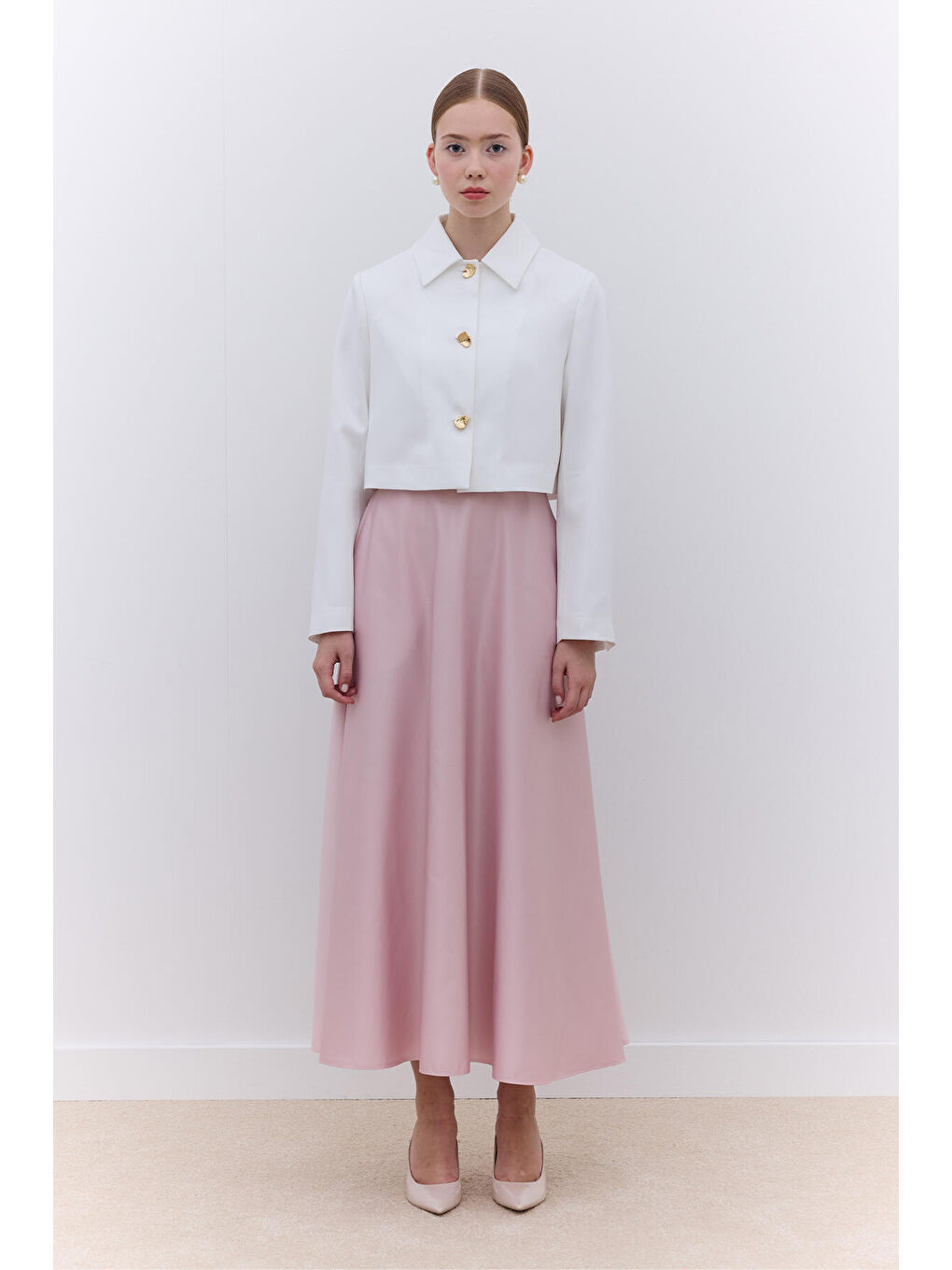 Saten Kısa Blazer Ceket Ekru-2