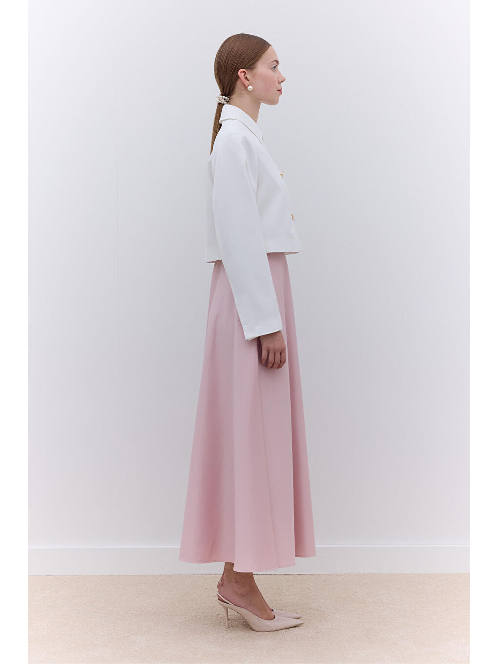 Saten Kısa Blazer Ceket Ekru-3