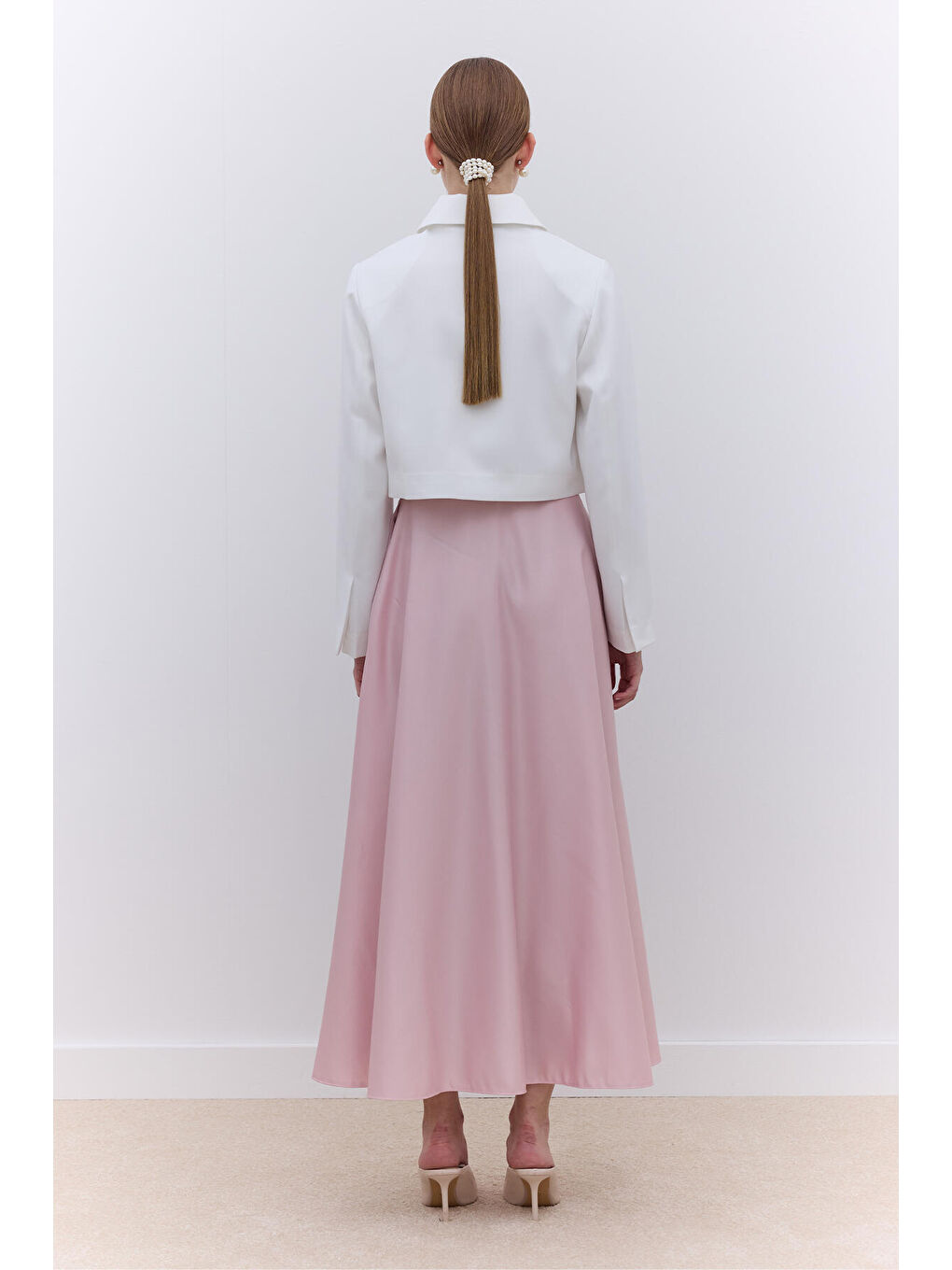 Saten Kısa Blazer Ceket Ekru-4