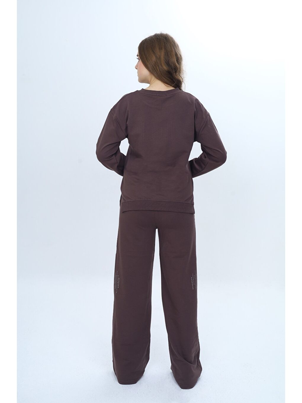 Kahverengi Kız Çocuk 2'li Takım Taş İşlemeli & Bisiklet Yaka Sweatshirt & Bol Paça Cepli Eşofman Altı-5